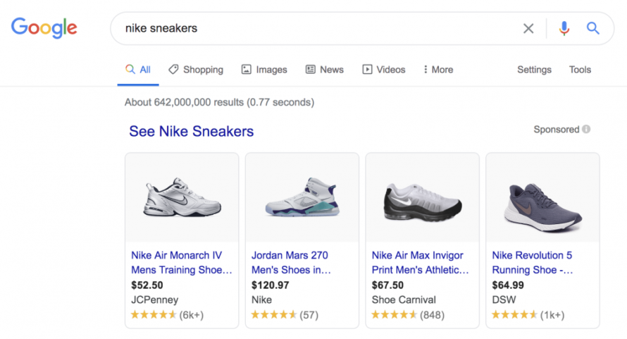 耐克运动鞋的谷歌购物广告